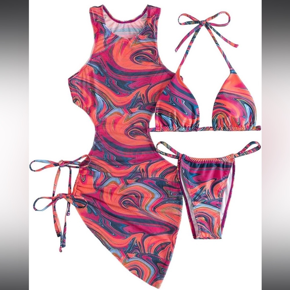Sexy Pink Swirl Cutout 3pc Bikini Set - Swim or Rave